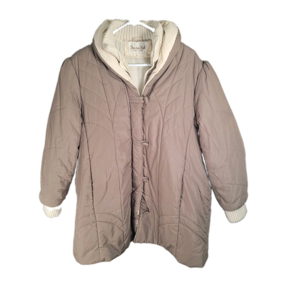 Vintage Saxton Hall Parka Coat Womens XL Taupe Quilted Puffer Toggle Retro 80s